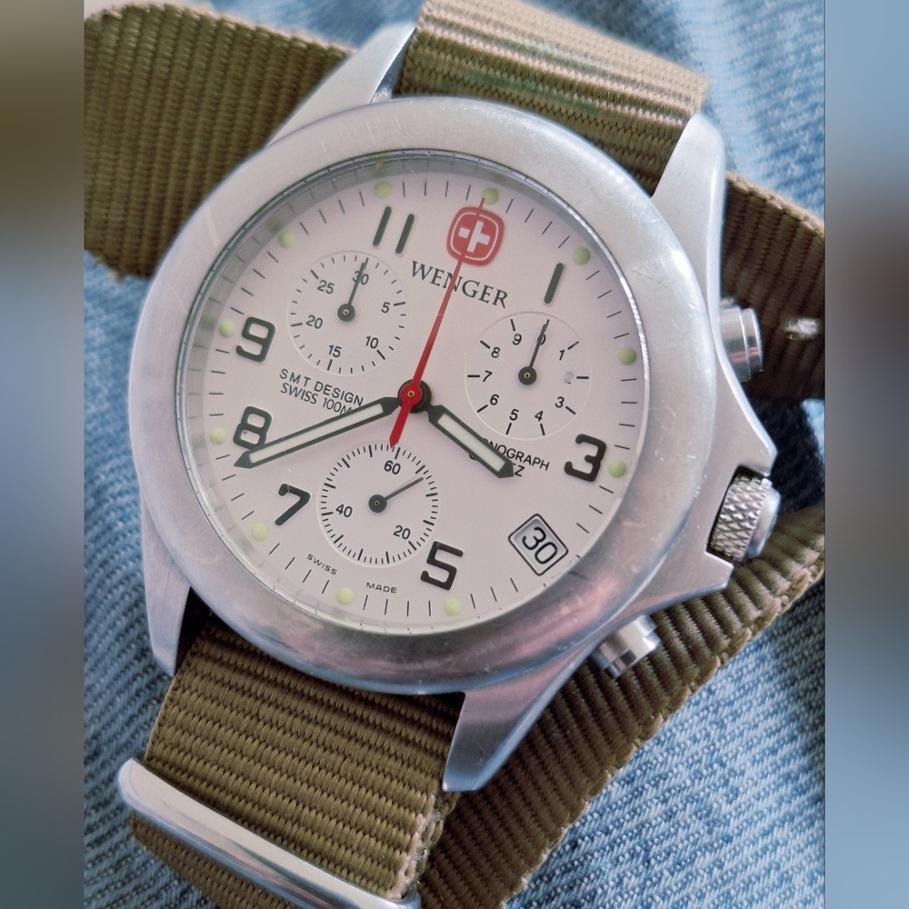 Vintage Wenger Swiss Military Chronograph Wrist Watch Stainless